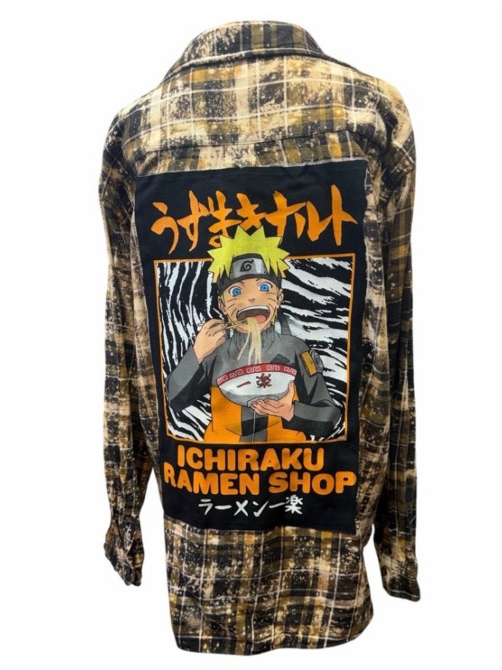 Naruto anime upcycled custom flannel shirt black graphic tee on back bespoke